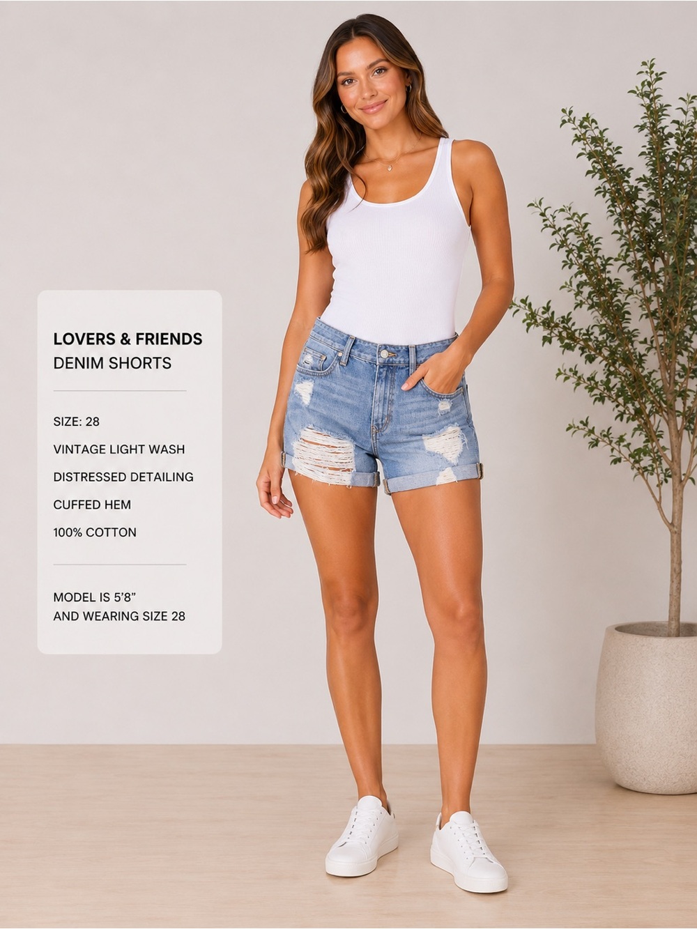 Lovers + Friends Distressed Denim Shorts | Size 28 | 100% Cotton | Premium Denim
